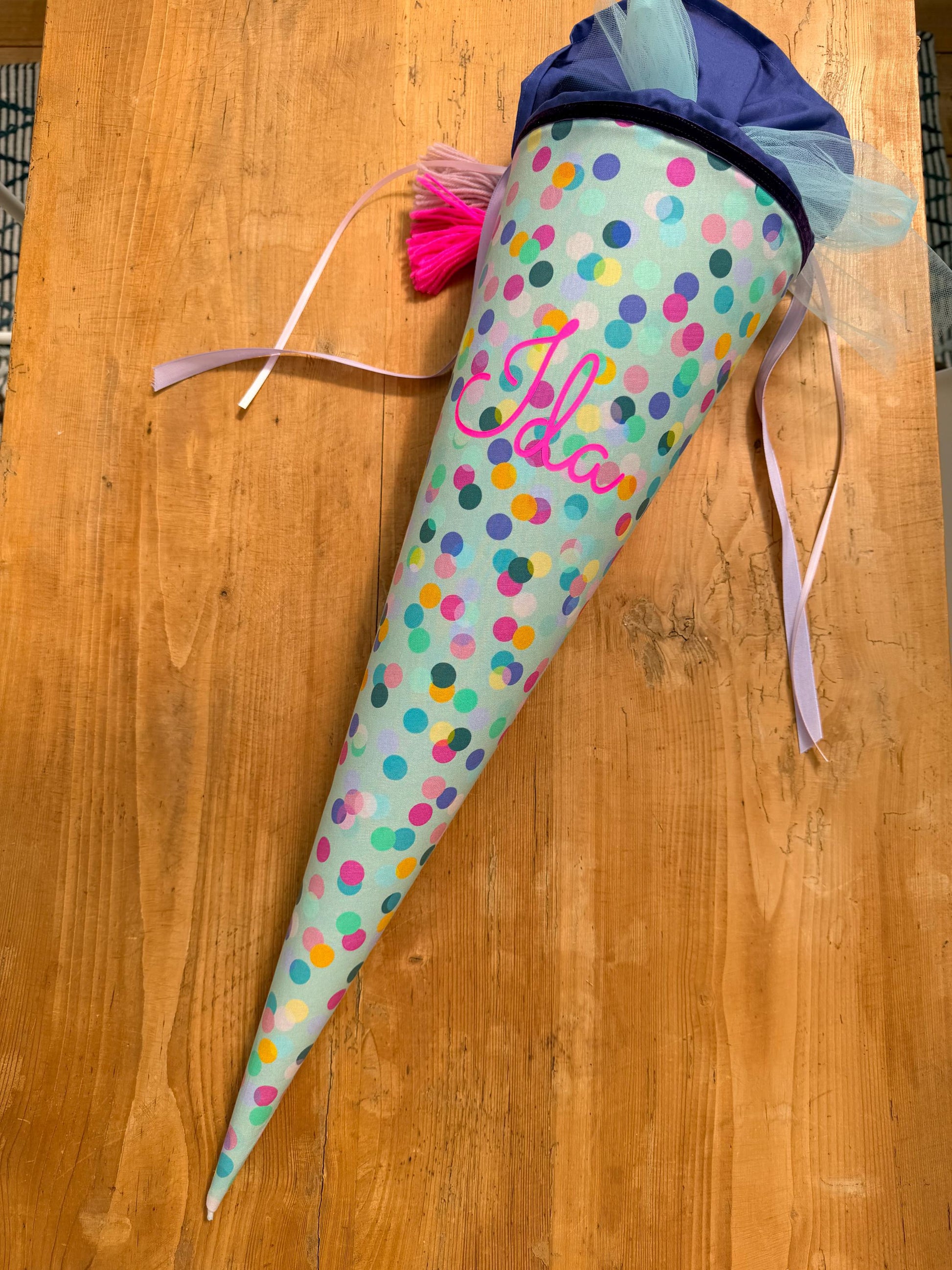 Einzelstück mit Namen "Ida"Schultüte, Zuckertüte, Trosttüte Musselin Schultüte Stoff Schulanfang Einschulung bunte Konfetti lila neon pink