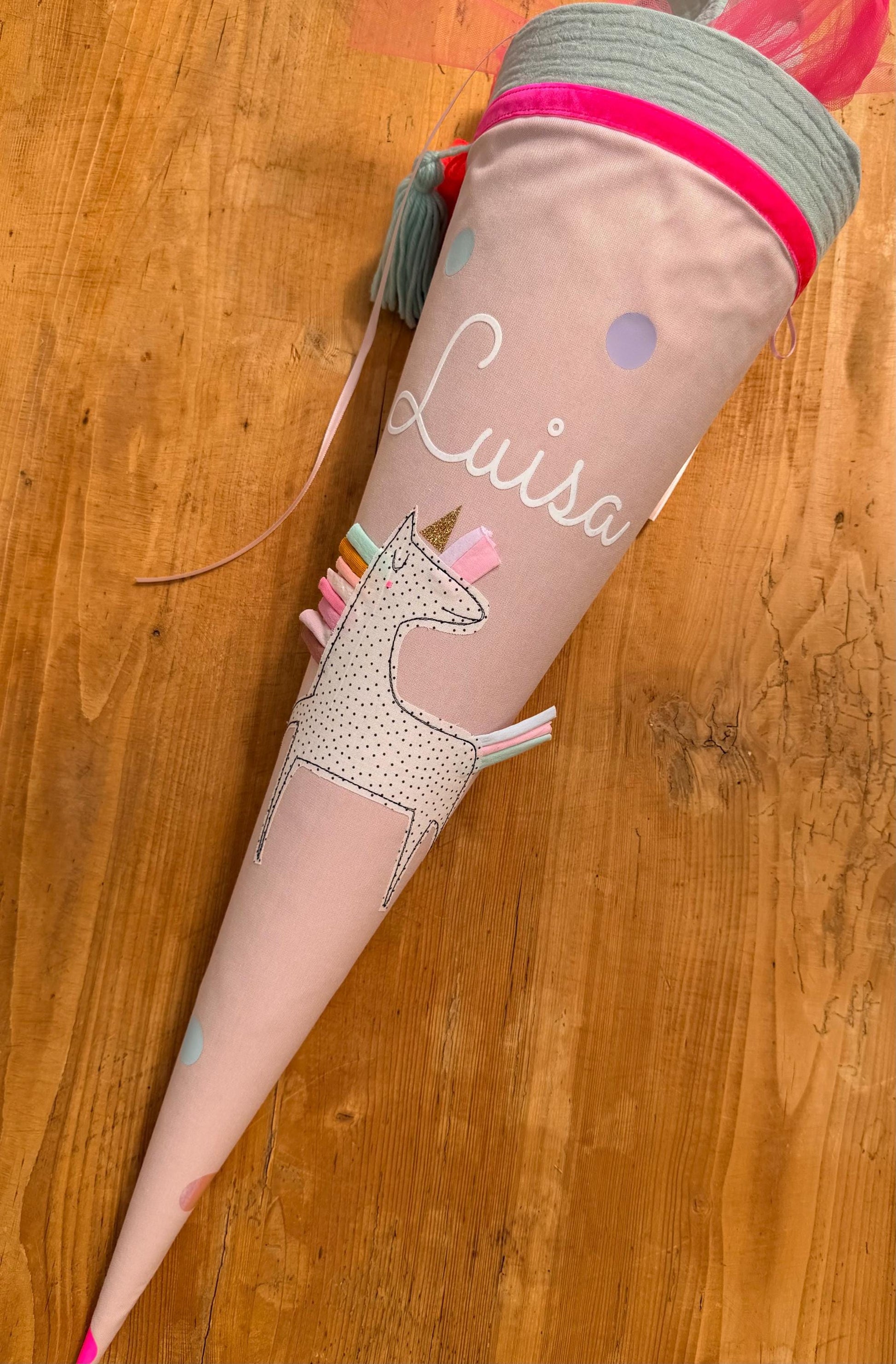 Einzelstück "Luisa", Schultüte Stoff, Schultüte Mädchen,Schultüte Einhorn, Einschulung, Musselinschultüte,Konfetti, Schultüte personalisiert