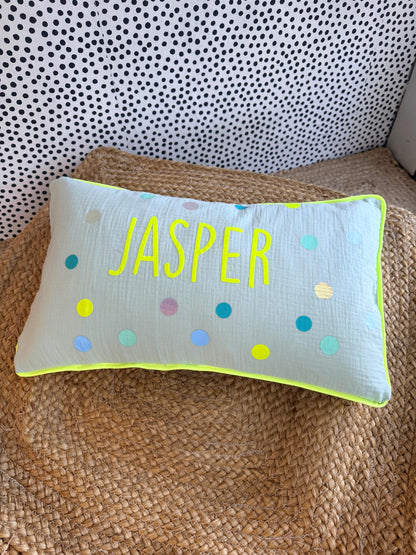 Musselinkissen mit Namen Kissenbezug Kissen Geburt Baby Kissenhülle Kissen personalisiert Nameskissen Kissen Musselin Konfetti, neon Dots