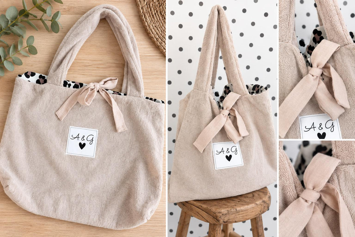 Personalisierte Badetasche aus Frottee mit Initialen | Strandtasche Shopper | große Tasche mit Schleife | Geschenk für Frauen | Geschenk JGA
