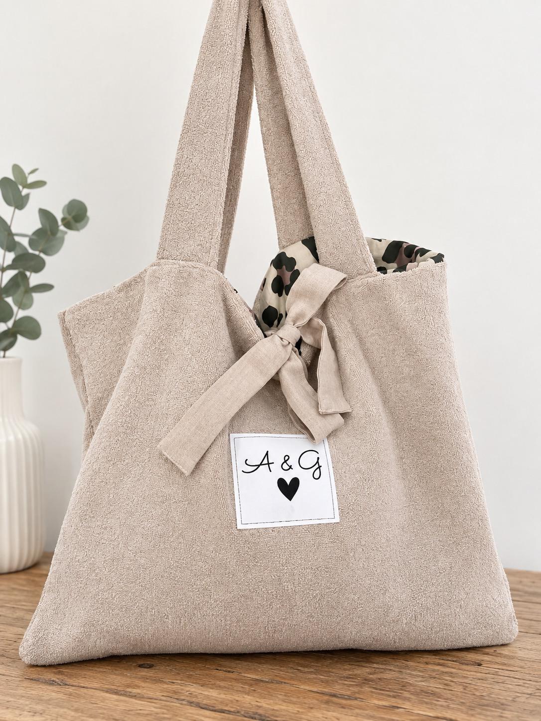 Personalisierte Badetasche aus Frottee mit Initialen | Strandtasche Shopper | große Tasche mit Schleife | Geschenk für Frauen | Geschenk JGA