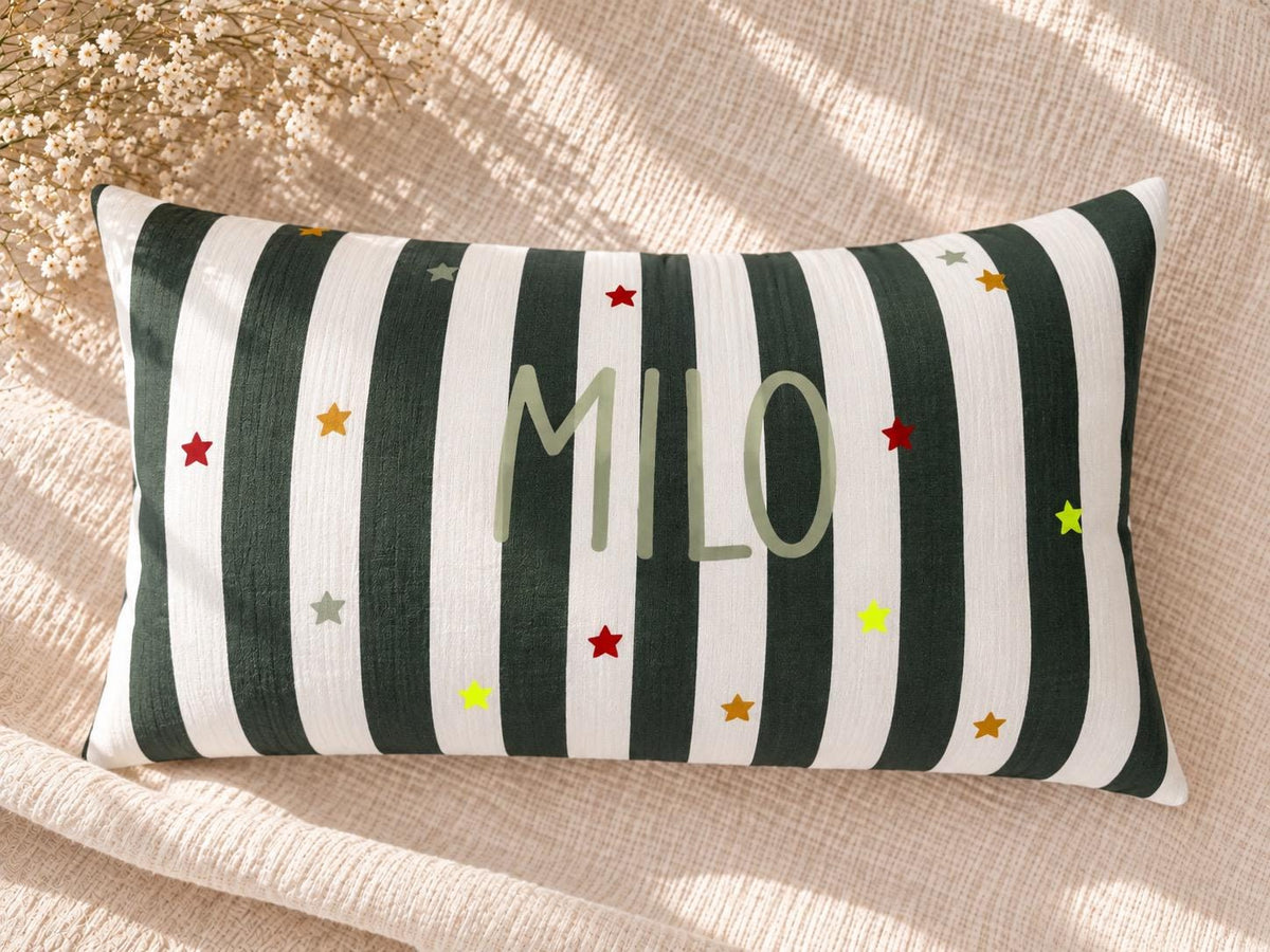 Musselin Kissen mit Namen | Kinderkissen personalisiert | Namenskissen Junge | Streifen & Sterne | Geschenk Geburt | Kinderzimmer Deko