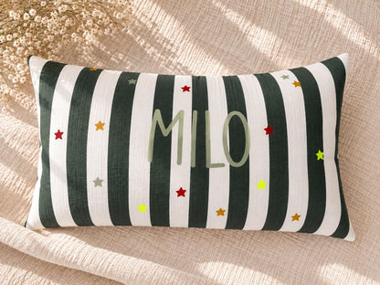 Musselin Kissen mit Namen | Kinderkissen personalisiert | Namenskissen Junge | Streifen & Sterne | Geschenk Geburt | Kinderzimmer Deko