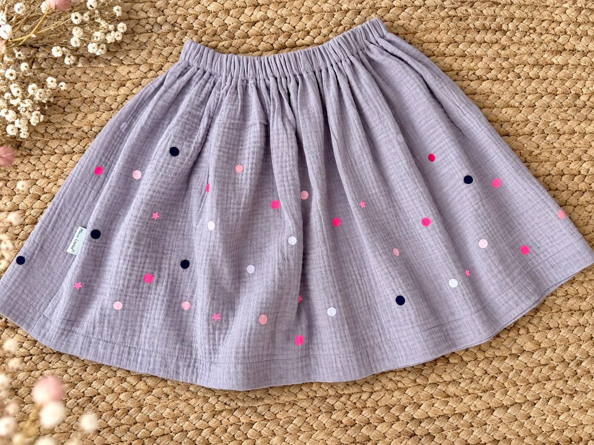 Musselinrock Mädchen | Kinderrock Musselin | Rock Mädchen Flieder | Mädchenrock mit Punkten Sternen | Geschenk für Mädchen | Konfetti neon