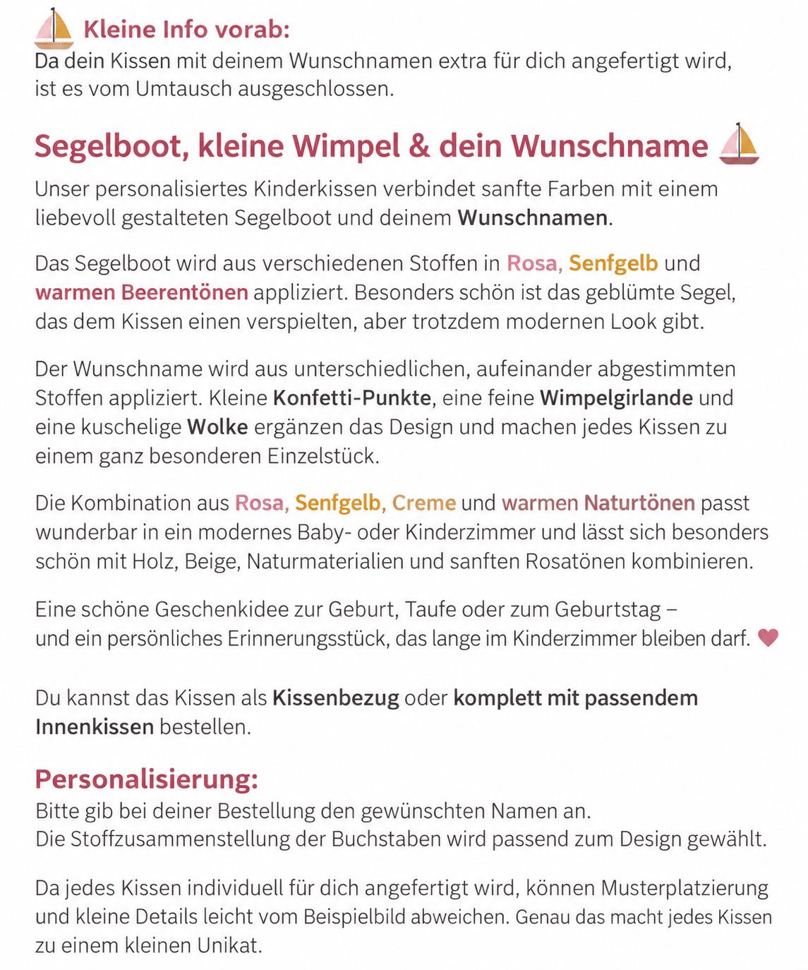 Personalisiertes Kinderkissen mit Namen | Segelboot Kissen Mädchen | Namenskissen zur Geburt Taufe Geburtstag | Kinderzimmer Deko