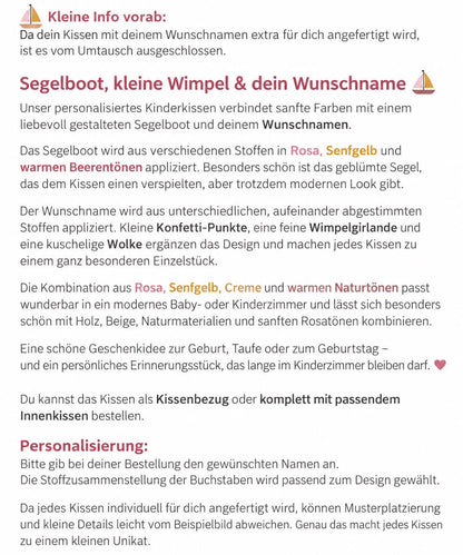 Personalisiertes Kinderkissen mit Namen | Segelboot Kissen Mädchen | Namenskissen zur Geburt Taufe Geburtstag | Kinderzimmer Deko