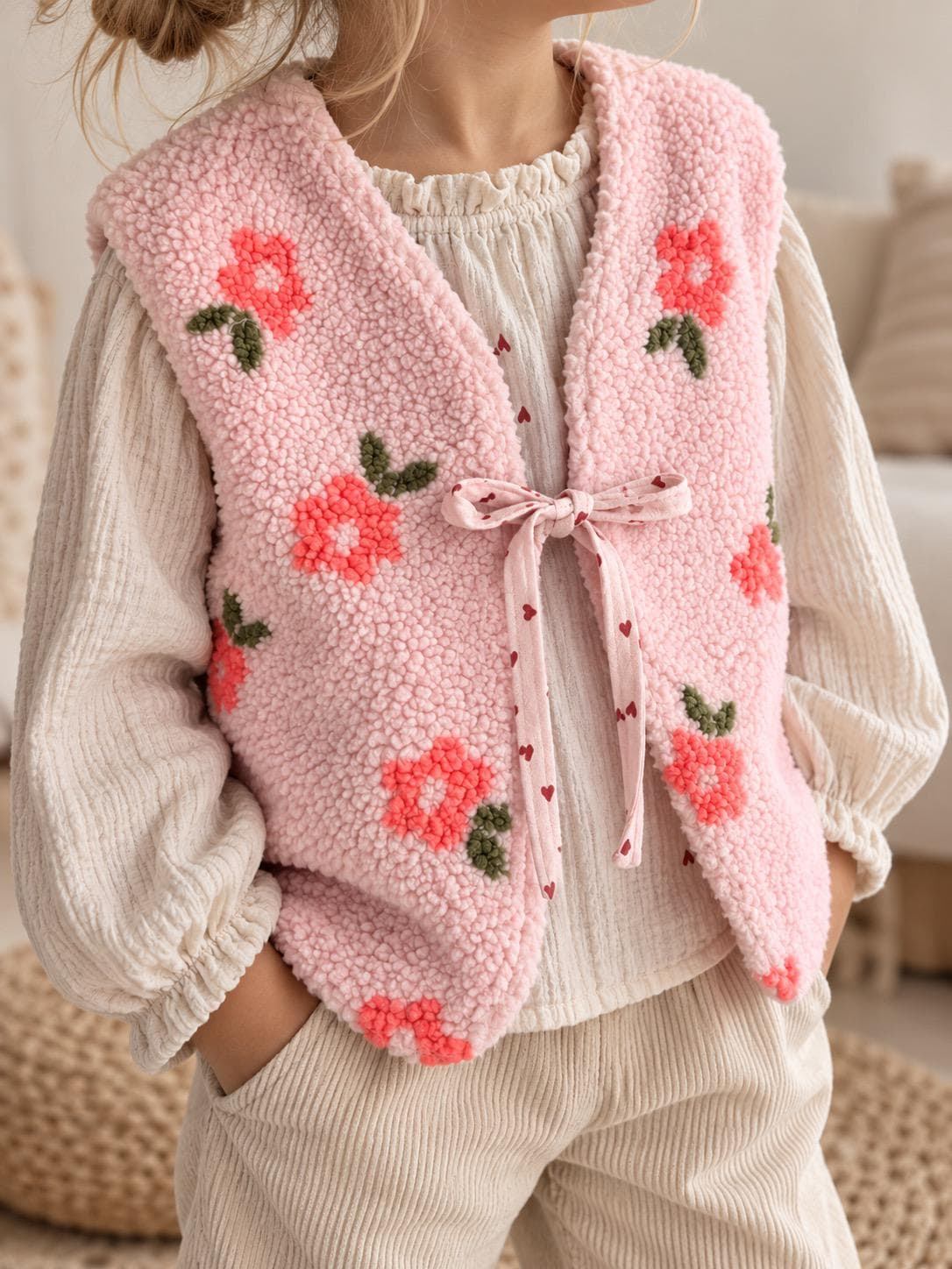 Kinder Teddy Weste Rosa mit Blumen | Kuschelige Weste Mädchen | Teddyfleece Weste | Übergangsweste Kinder | Geschenk Mädchen