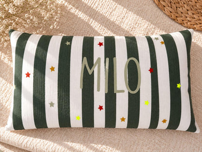 Musselin Kissen mit Namen | Kinderkissen personalisiert | Namenskissen Junge | Streifen & Sterne | Geschenk Geburt | Kinderzimmer Deko