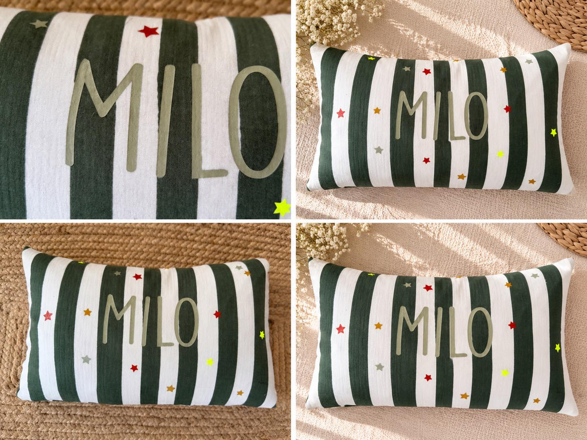 Musselin Kissen mit Namen | Kinderkissen personalisiert | Namenskissen Junge | Streifen & Sterne | Geschenk Geburt | Kinderzimmer Deko