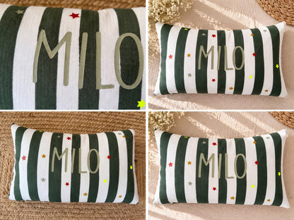 Musselin Kissen mit Namen | Kinderkissen personalisiert | Namenskissen Junge | Streifen & Sterne | Geschenk Geburt | Kinderzimmer Deko