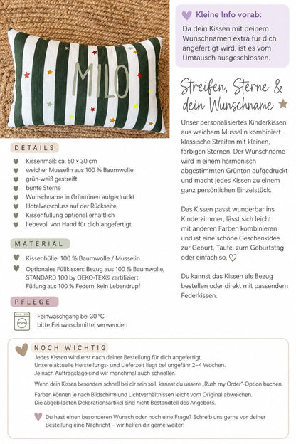 Musselin Kissen mit Namen | Kinderkissen personalisiert | Namenskissen Junge | Streifen & Sterne | Geschenk Geburt | Kinderzimmer Deko