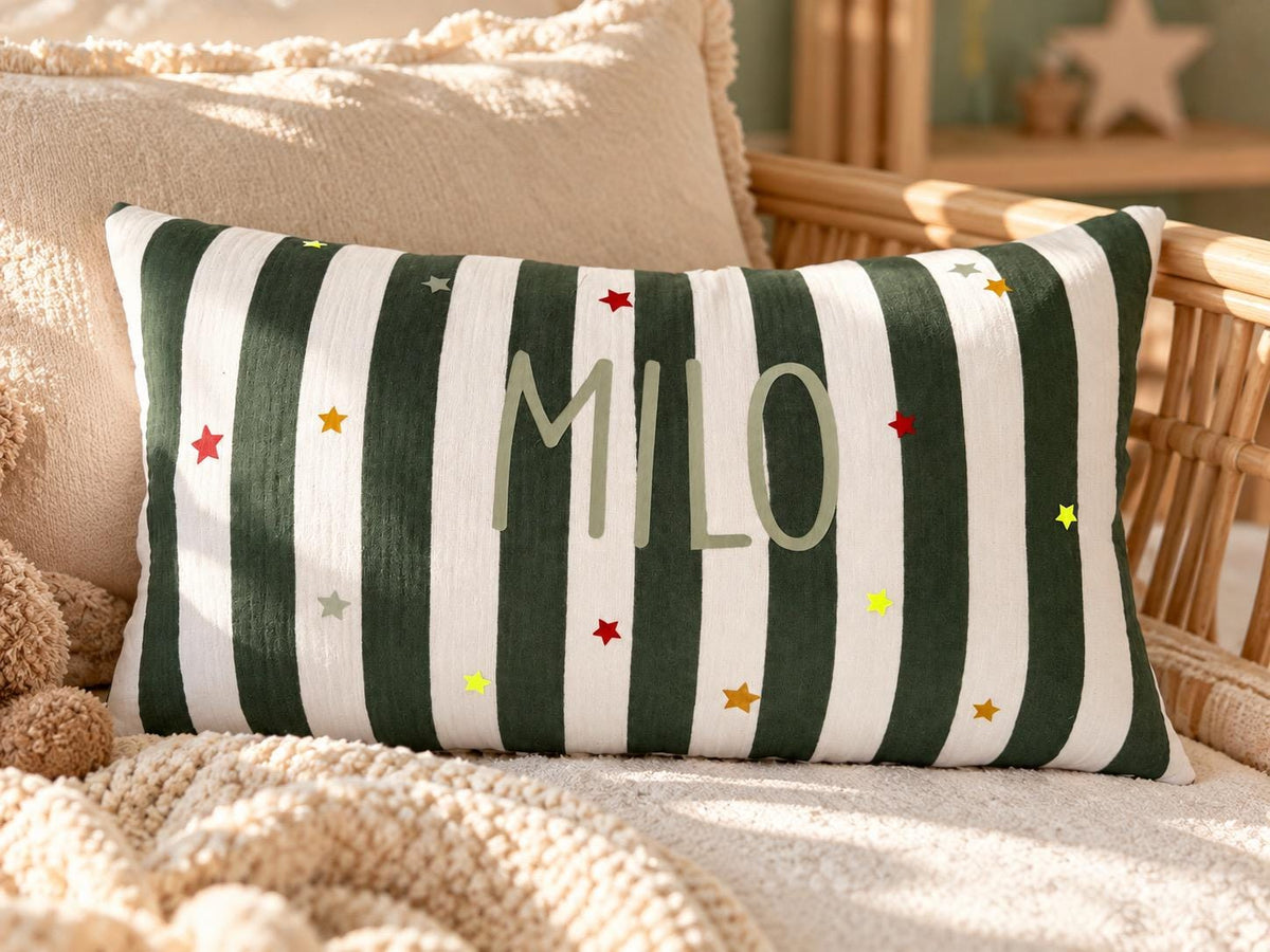 Musselin Kissen mit Namen | Kinderkissen personalisiert | Namenskissen Junge | Streifen & Sterne | Geschenk Geburt | Kinderzimmer Deko