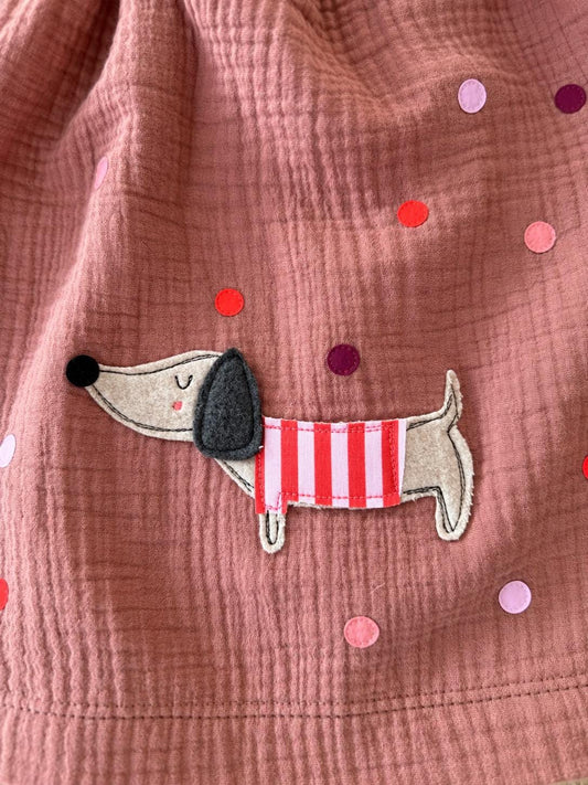 Musselin Rock Mädchen | Kinderrock Dackel | Rock Lehmrosa | Mädchenrock mit Konfetti | Geschenk Mädchen