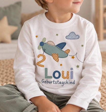 Geburtstagsshirt Flugzeug mit Namen | Personalisiertes Kindershirt für Jungen | Geburtstagsshirt mit Applikation | Geschenk zum Geburtstag