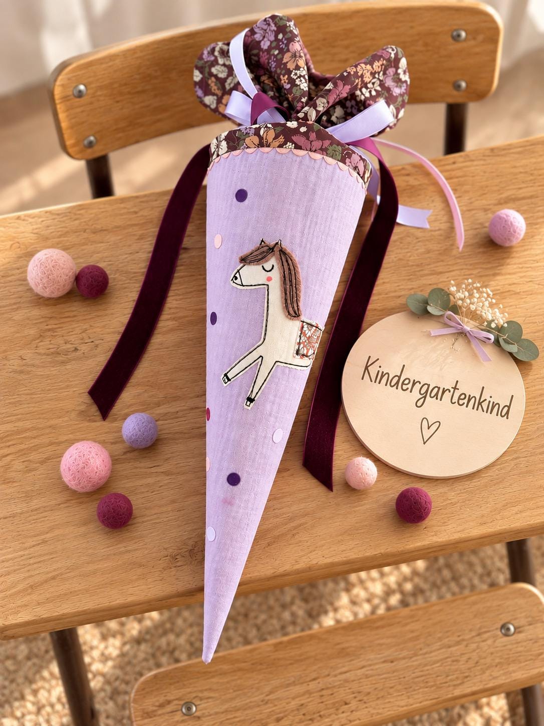 Kindergartentüte Pferd aus Musselin | Personalisierte Schultüte mit Namen | Kita Tüte für Mädchen | Zuckertüte zum Kindergartenstart