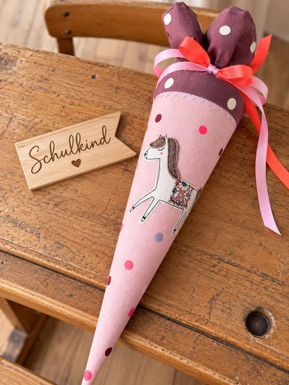 Kindergartentüte Pferd aus Musselin | Personalisierte Schultüte mit Namen | Kita Tüte für Mädchen | Zuckertüte zum Kindergartenstart
