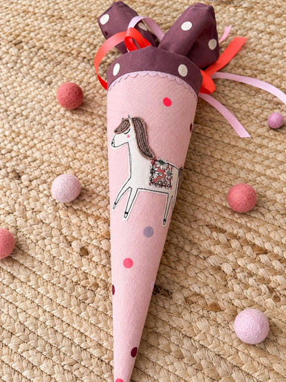 Kindergartentüte Pferd aus Musselin | Personalisierte Schultüte mit Namen | Kita Tüte für Mädchen | Zuckertüte zum Kindergartenstart
