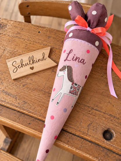 Kindergartentüte Pferd aus Musselin | Personalisierte Schultüte mit Namen | Kita Tüte für Mädchen | Zuckertüte zum Kindergartenstart