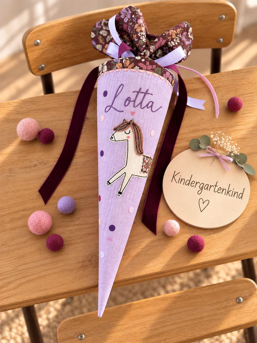 Kindergartentüte Pferd aus Musselin | Personalisierte Schultüte mit Namen | Kita Tüte für Mädchen | Zuckertüte zum Kindergartenstart