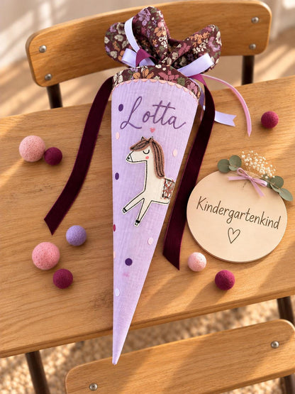 Kindergartentüte Pferd aus Musselin | Personalisierte Schultüte mit Namen | Kita Tüte für Mädchen | Zuckertüte zum Kindergartenstart