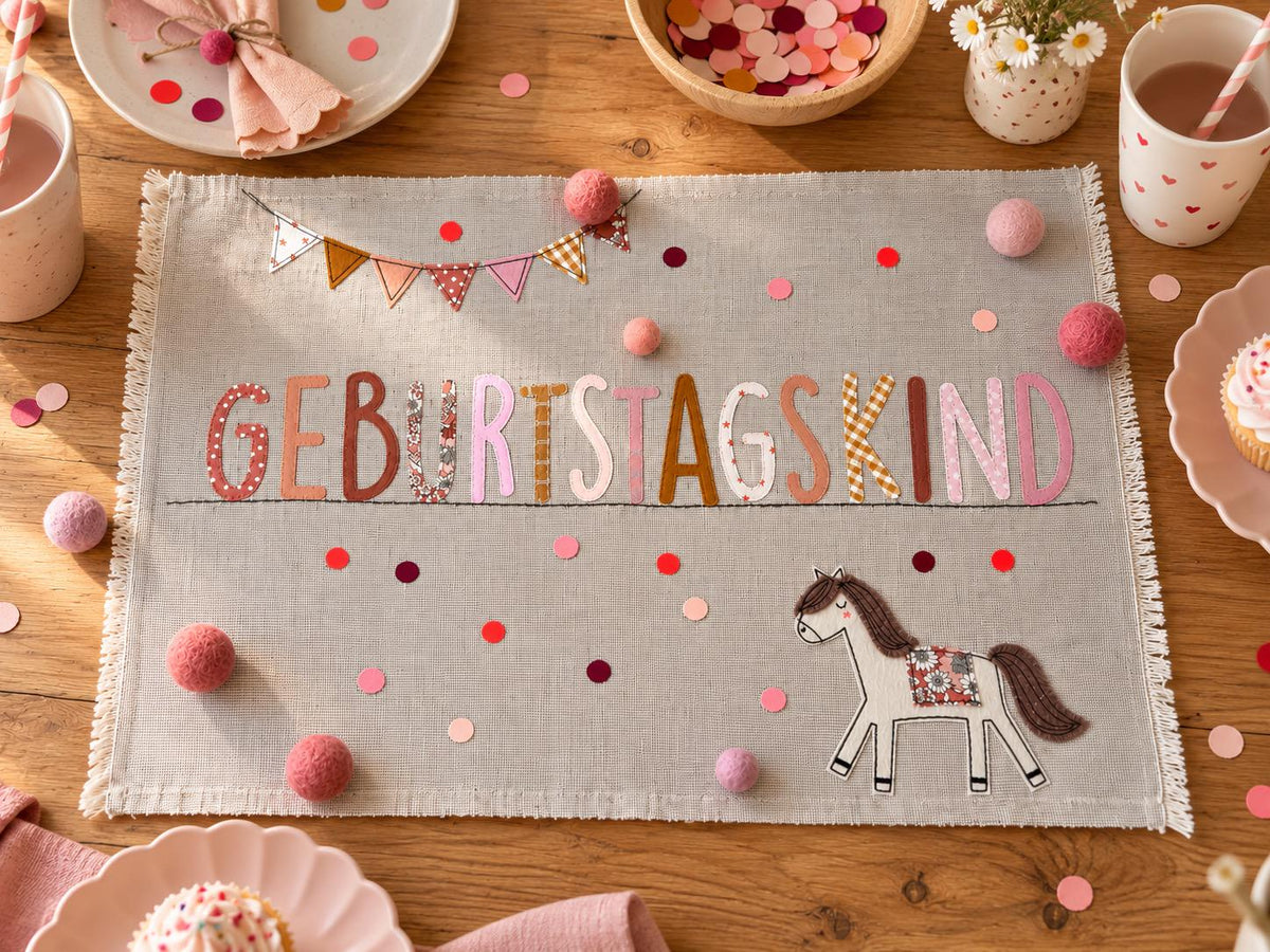 Geburtstagstischset mit Pferd | Tischset Geburtstagskind | Platzset Kindergeburtstag | Stoff Tischset mit Wimpelgirlande | Geburtstagsdeko