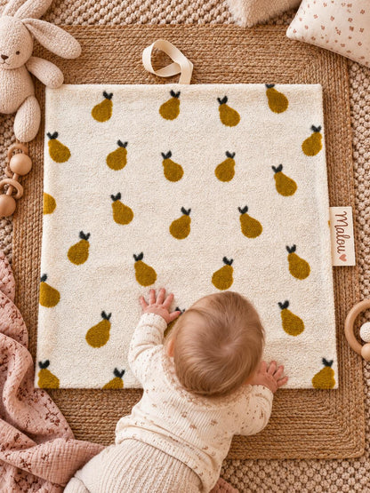 Babydecke aus Teddyfleece mit Birnen | Kuscheldecke Baby personalisiert mit Namen | Geschenk zur Geburt & Taufe | Creme Senfgelb | Teddyfell