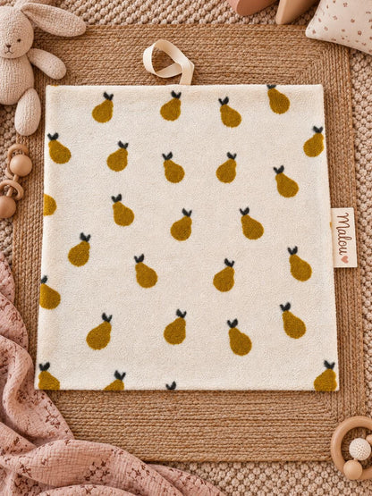 Babydecke aus Teddyfleece mit Birnen | Kuscheldecke Baby personalisiert mit Namen | Geschenk zur Geburt & Taufe | Creme Senfgelb | Teddyfell