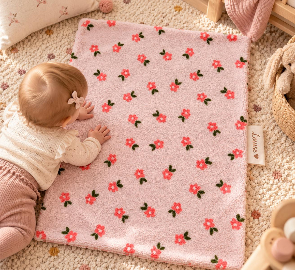Babydecke mit Namen | Kuscheldecke aus Teddyfleece & Musselin | Rosa mit Blumen | Babydecke personalisiert | Geschenk zur Geburt | Teddyfell