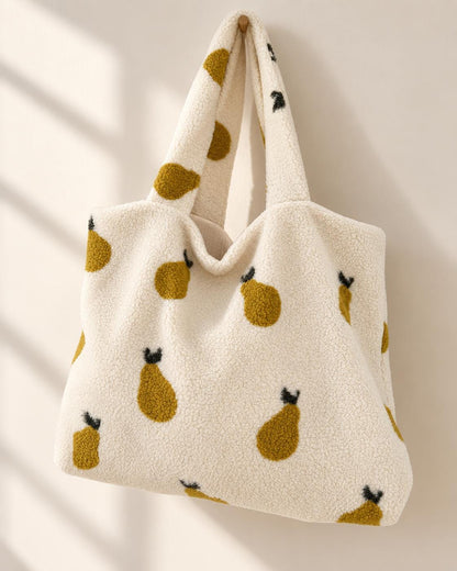 Teddy Shopper Winter mit Birnenmuster | Kuschelige Handtasche aus Teddyfleece | Stofftasche mit beigem Musselin | Teddyfleece beige