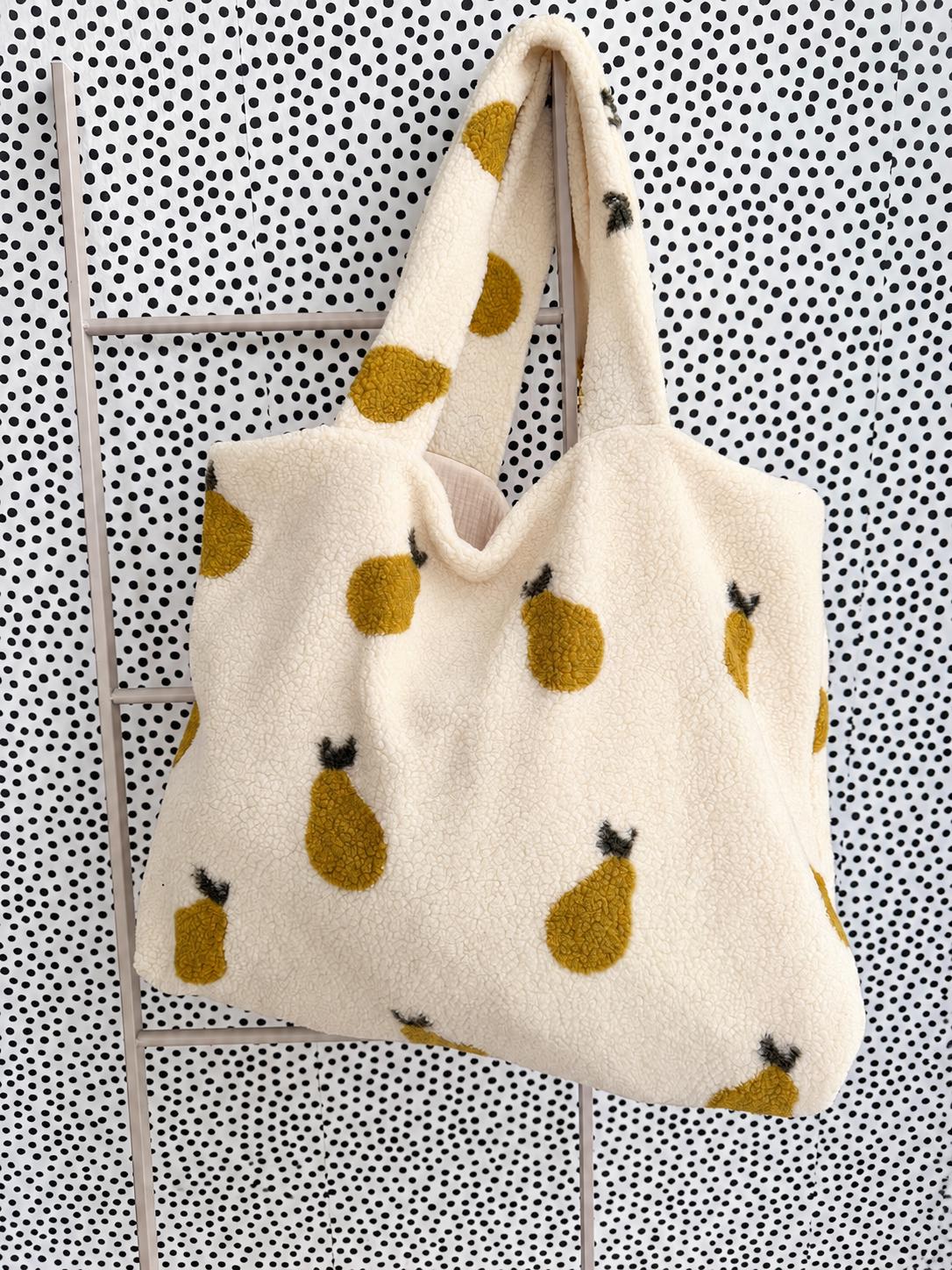 Teddy Shopper Winter mit Birnenmuster | Kuschelige Handtasche aus Teddyfleece | Stofftasche mit beigem Musselin | Teddyfleece beige