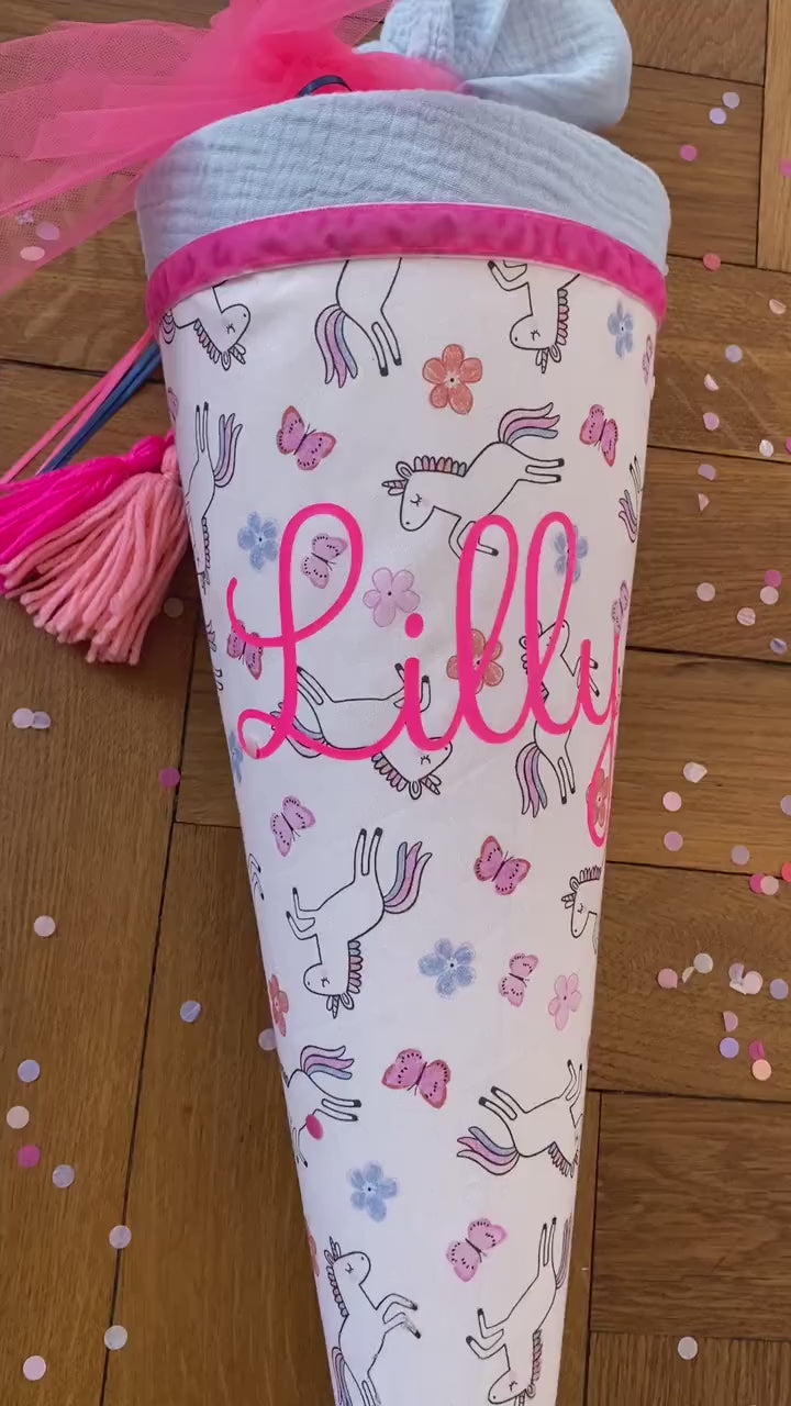 Schultüte Musselin Schulstart Schulanfang  Mädchen Einschulung Ergobag Blume Schmetterling Step by step Einhorn pink neon Milla Louise