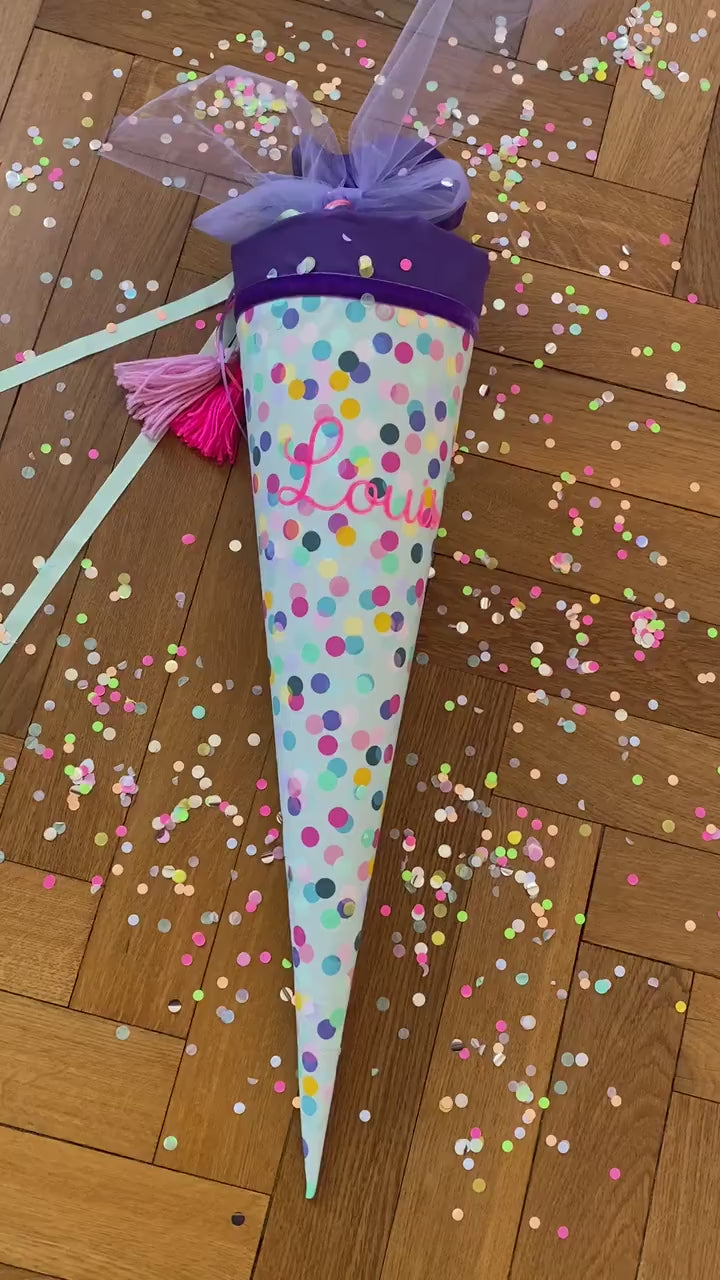 Schultüte, Zuckertüte, Trosttüte Musselin Schultüte Stoff Schulanfang Einschulung  bunte Konfetti Kindergarten Milla Louise lila neon pink