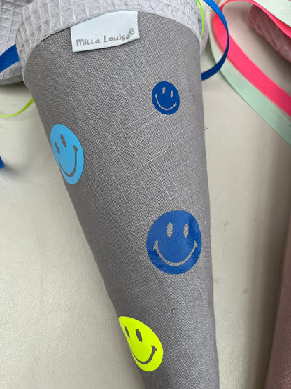 Geschwisterschultüte Zuckertüte Trosttüte Schultüte Stoff Schulanfang Einschulung Geschwisterschultüte Musselinschultüte Smiley neon