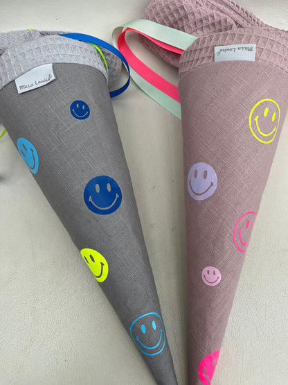 Geschwisterschultüte Zuckertüte Trosttüte Schultüte Stoff Schulanfang Einschulung Geschwisterschultüte Musselinschultüte Smiley neon